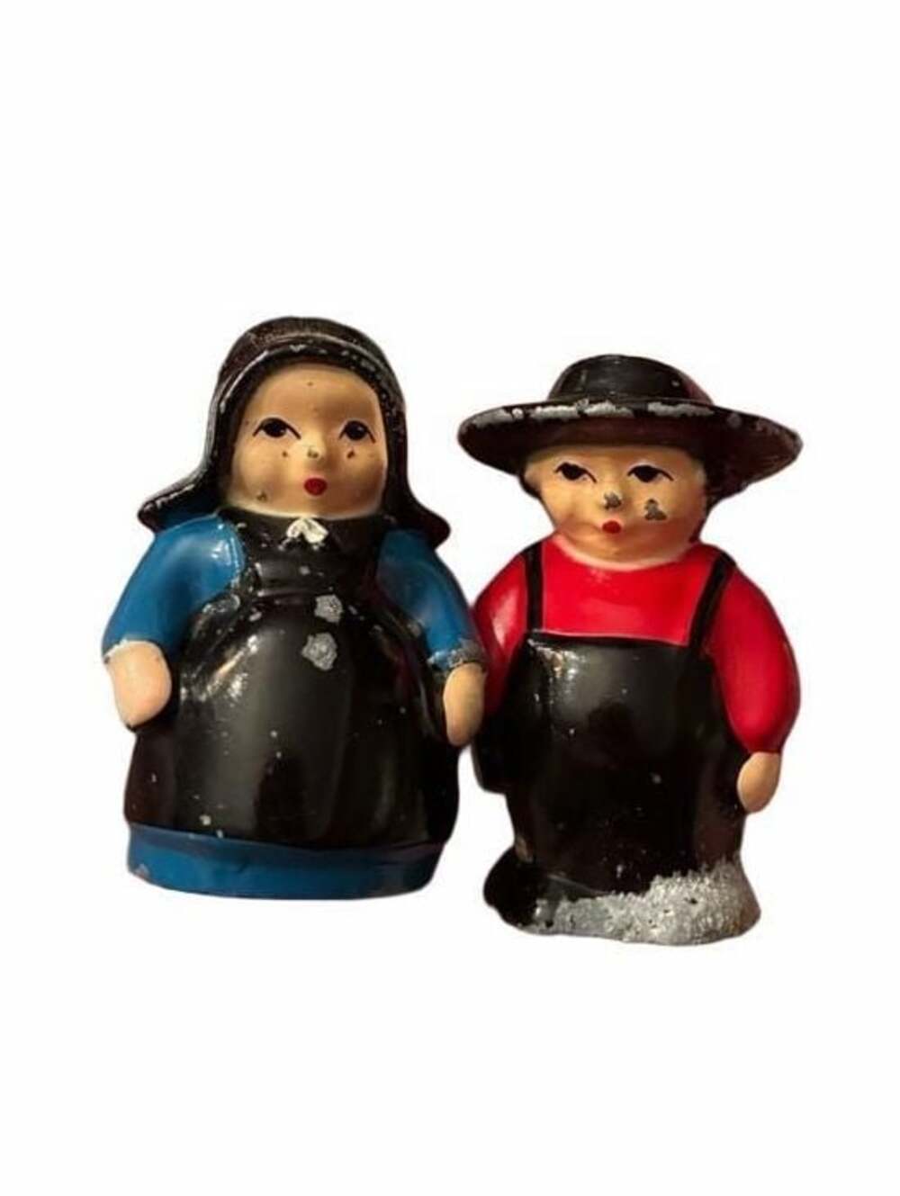 Vintage Amish / Pennsylvania Dutch Boy and Girl Metal Salt and Pepper Shakers